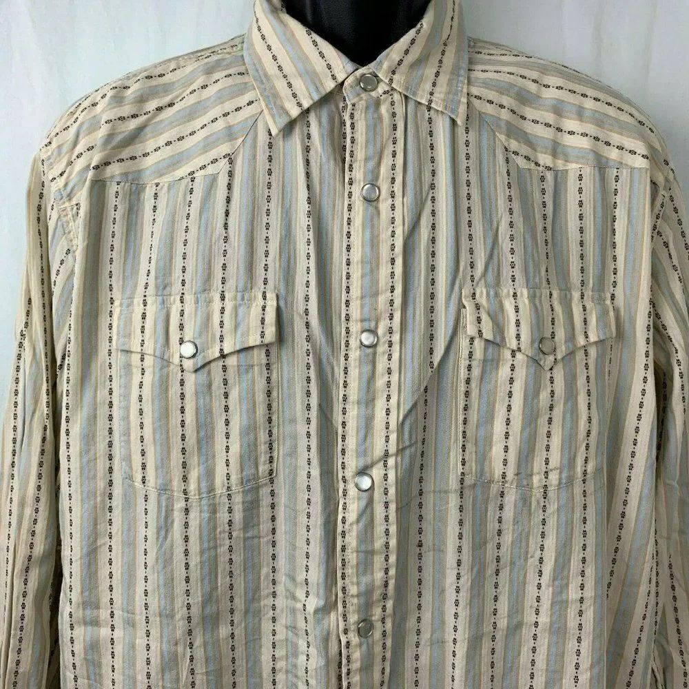Tommy Hilfiger Western Shirt L Cream Blue Stripe Pearl Snap Pockets One Point